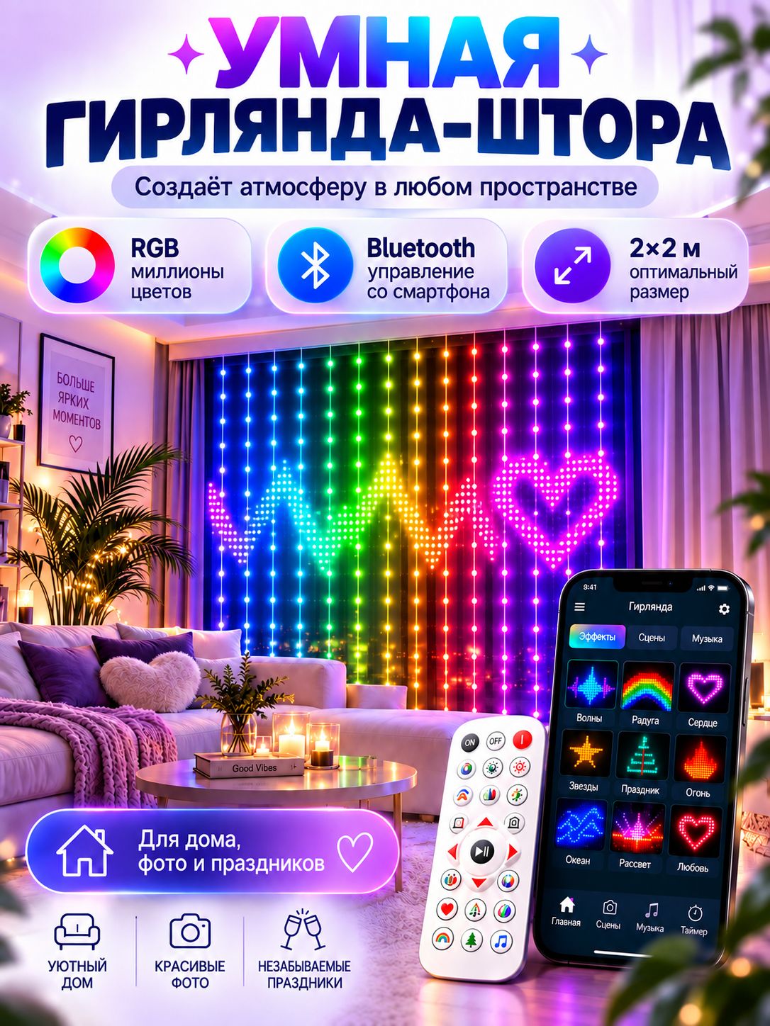Умная гирлянда штора премиум 2х2 м занавес управлением с телефона + пульт ДУ / Смарт музыкальная гирлянда RGB 100 режимов, разноцветный