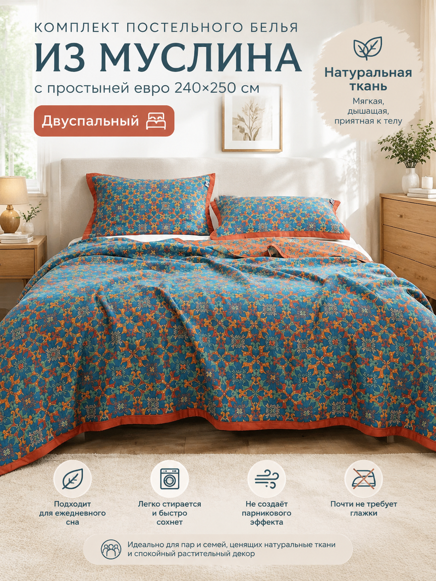 Комплект постельного белья из муслина с простыней евро 240x250 см, двуспальный, синий