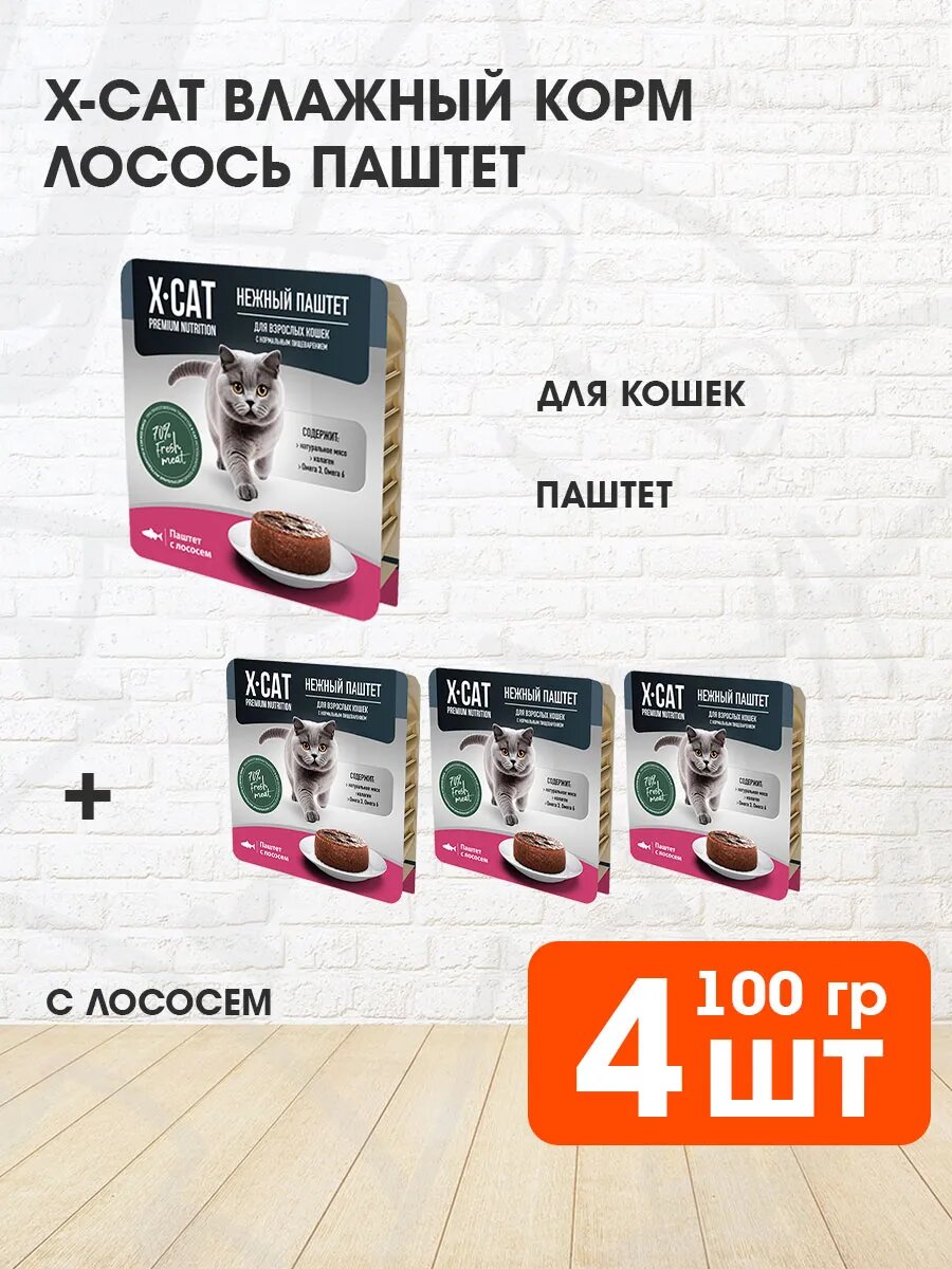 Корм влажный X-Cat для взрослых кошек, паштет, лосось, 100 г 4 шт