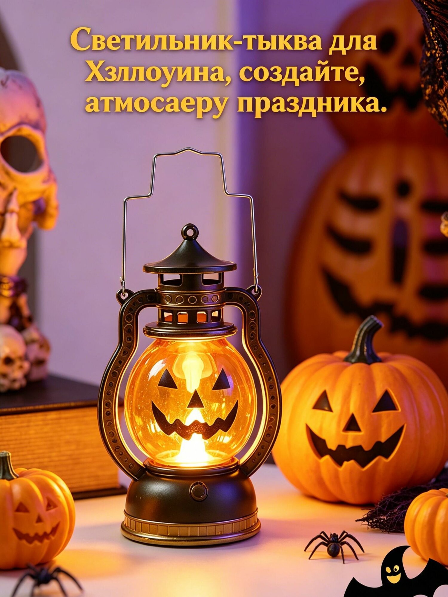 Мини-фонарик тыква на Хэллоуин, светящийся декоративный фонарь с ручкой