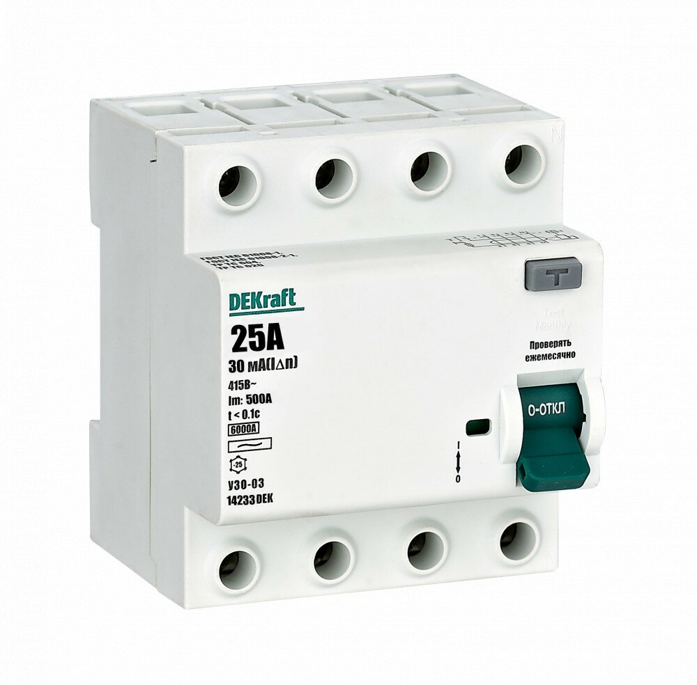 Узо DEKraft 4P 25А 30мА тип AC 6кА УЗО-0314233DEK