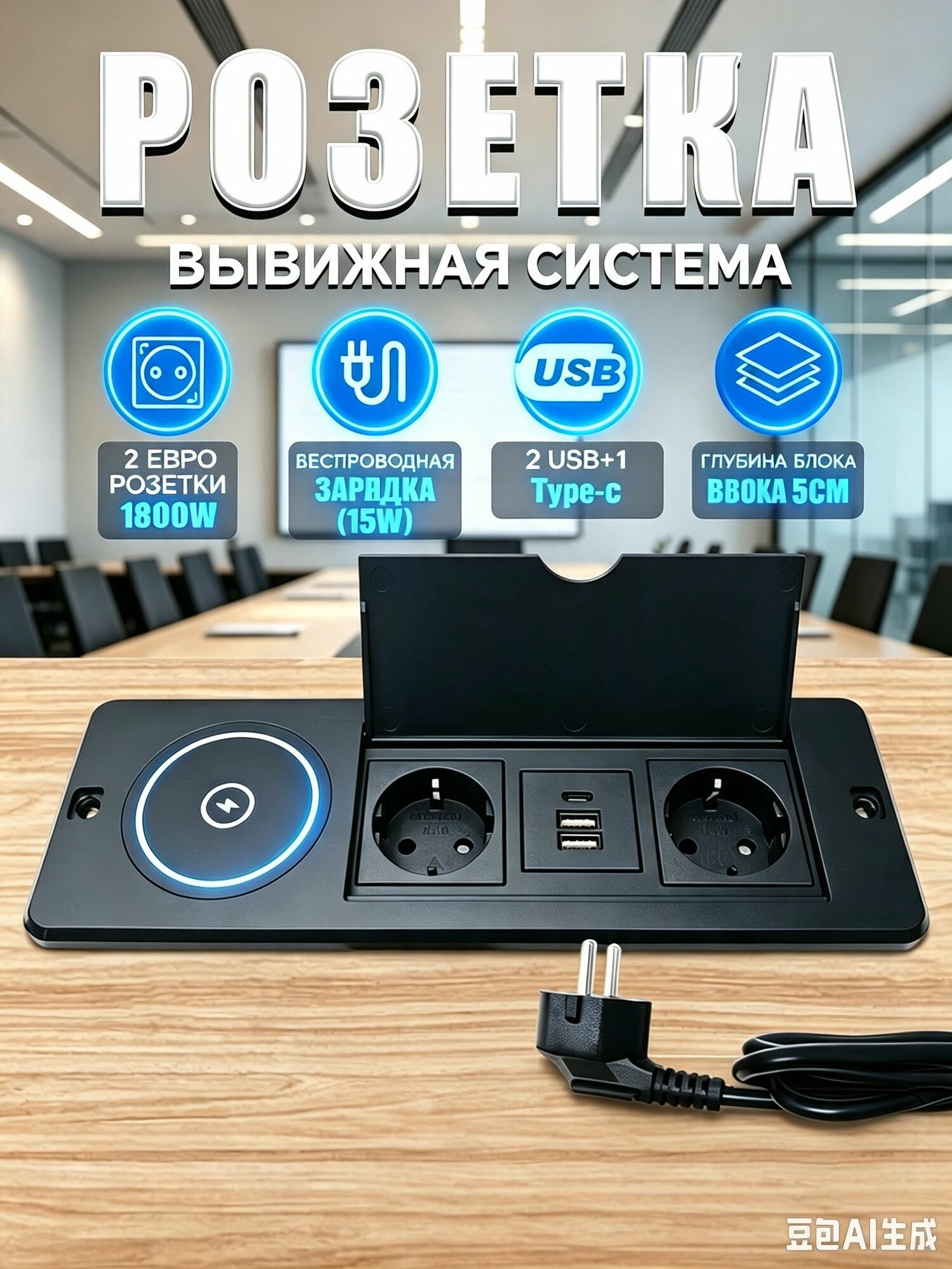 Выдвижная розетка черная, 2 евроразъёма 1800W, 15W беспроводная зарядка, 2USB+Type-C, глубина 5см