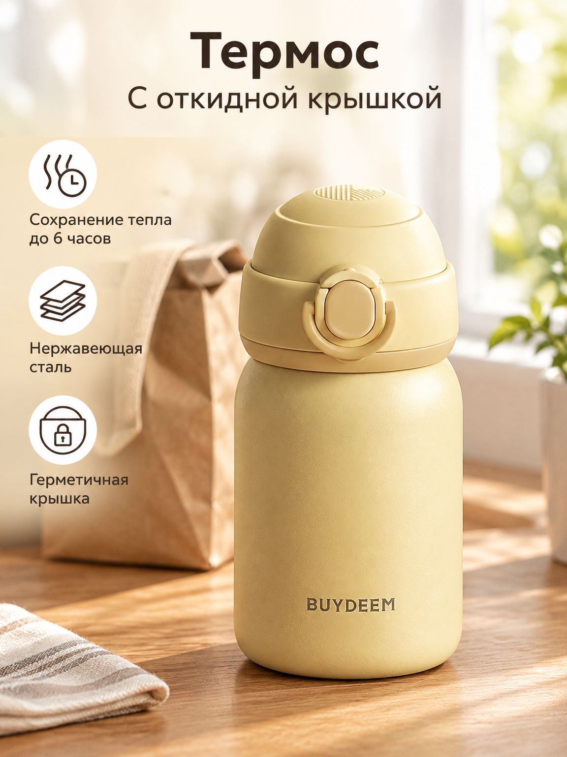 Термос BUYDEEM TAN200Y для чая, кофе и воды, сохранение температуры 6 часов, 200 мл