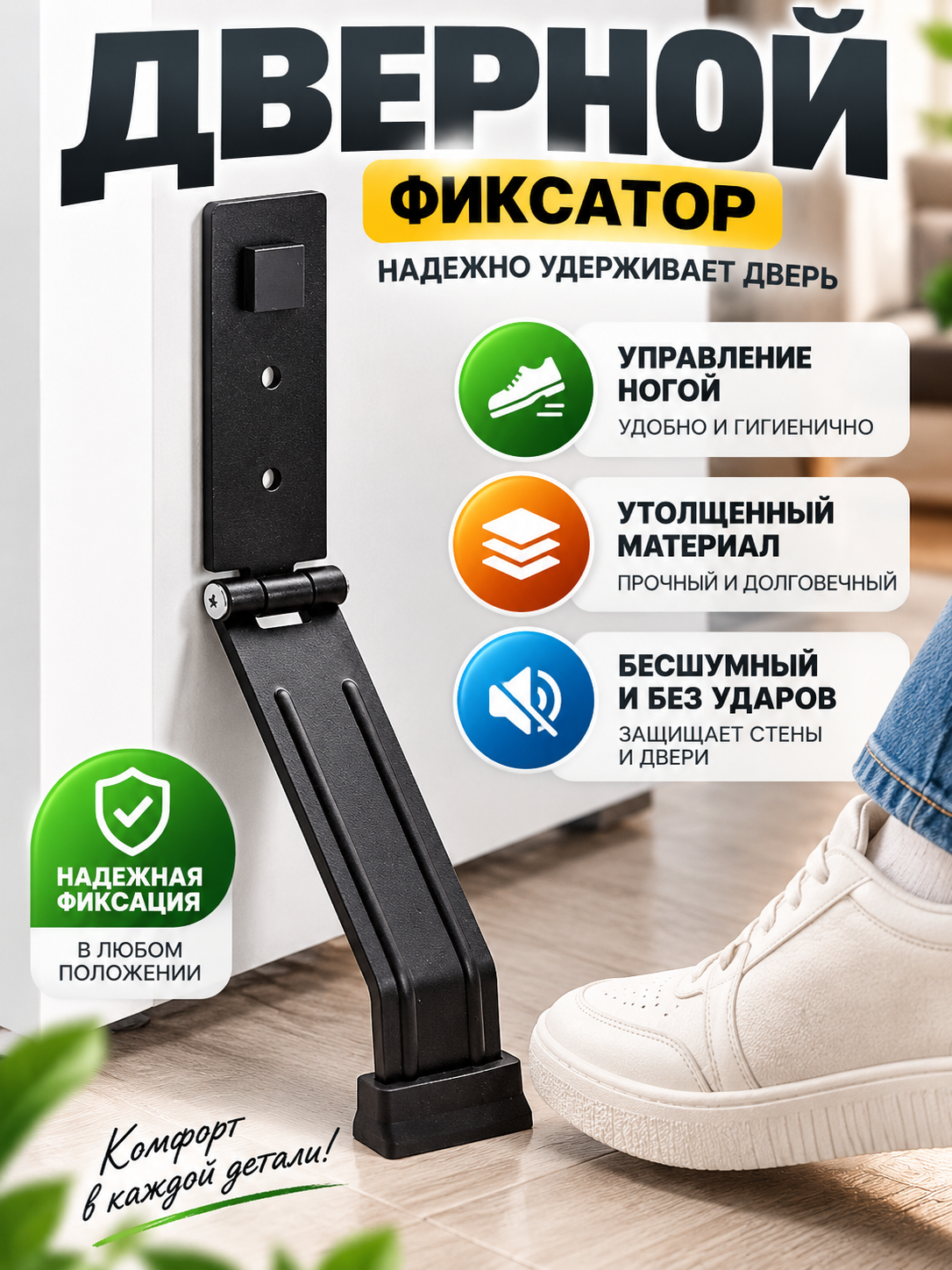Дверной фиксатор с управлением ногой, защищает стены и дверь от ударов, надежная остановка полотна, долговечный упор для межкомнатных дверей