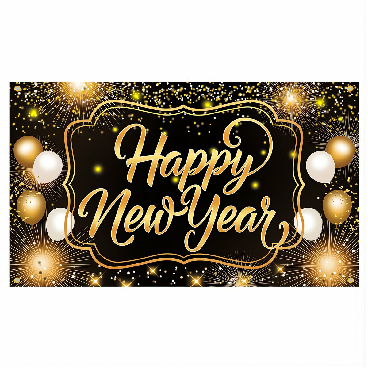 Новогодний декоративный фон баннер Happy New Year черно золотой с воздушными шарами размером 150 на 90 см для вечеринки, Версия 1