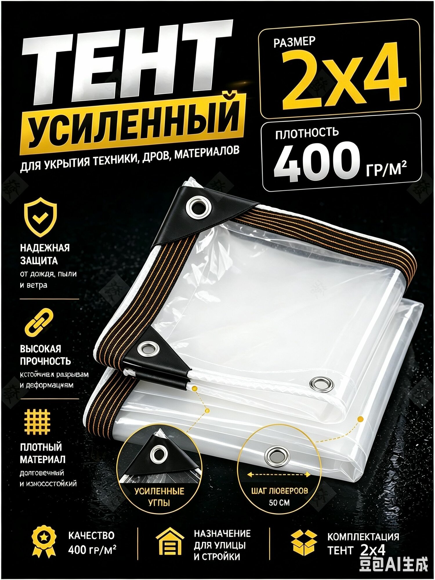 Тент укрывной2X4 м, 400 г/м , влагостойкий тент с люверсами, защитное покрытие от дождя, ветра и пыли для навеса, теплицы, машины и стройки