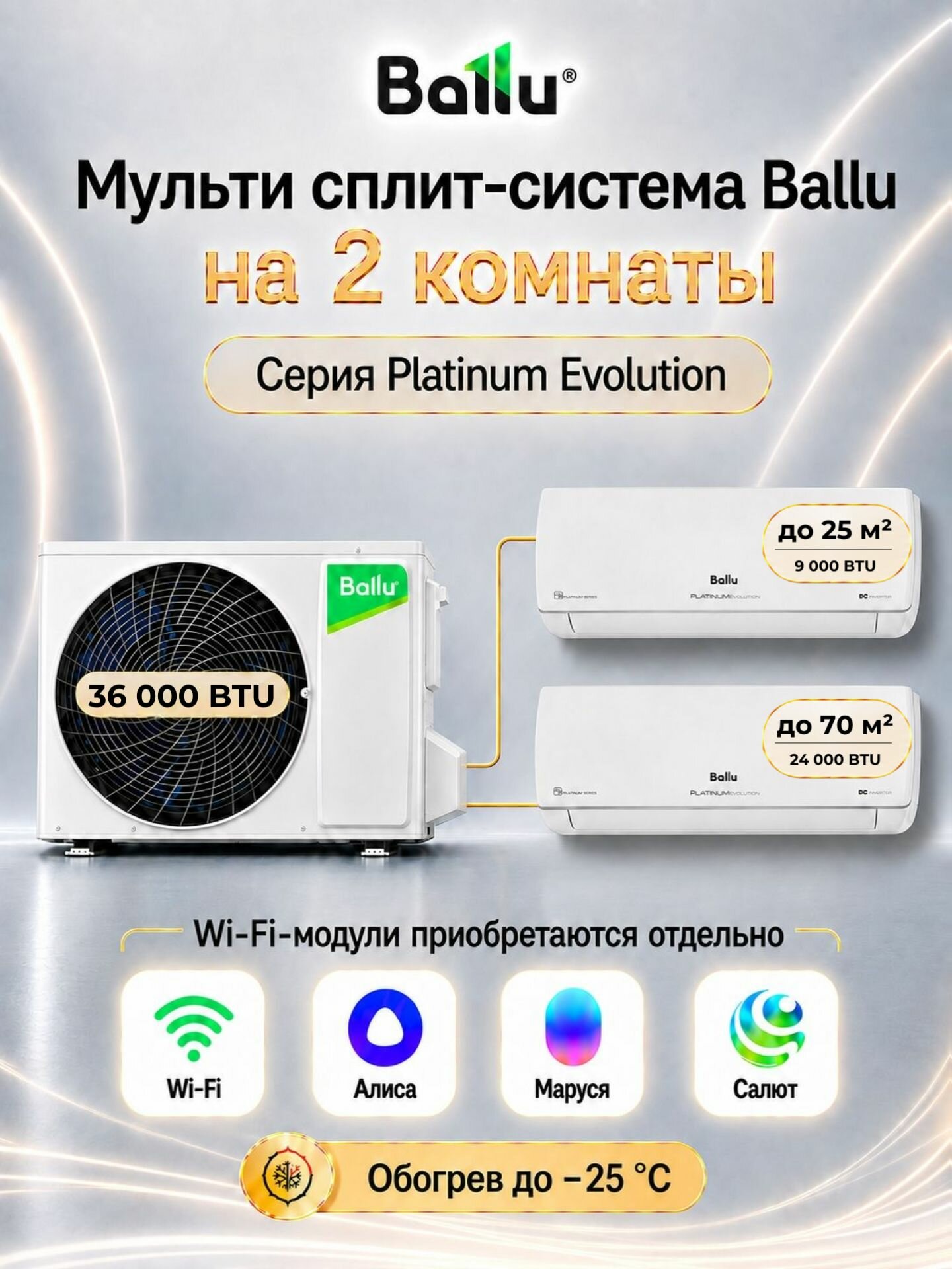 Мульти сплит система инвертор кондиционер на 2 комнаты 25+70 кв. м Ballu Platinum Evolution BSUI-FM/in-09HN8/EU 24HN8/EU BA4OI-FM/out-36HN8/EU, комплект белого цвета