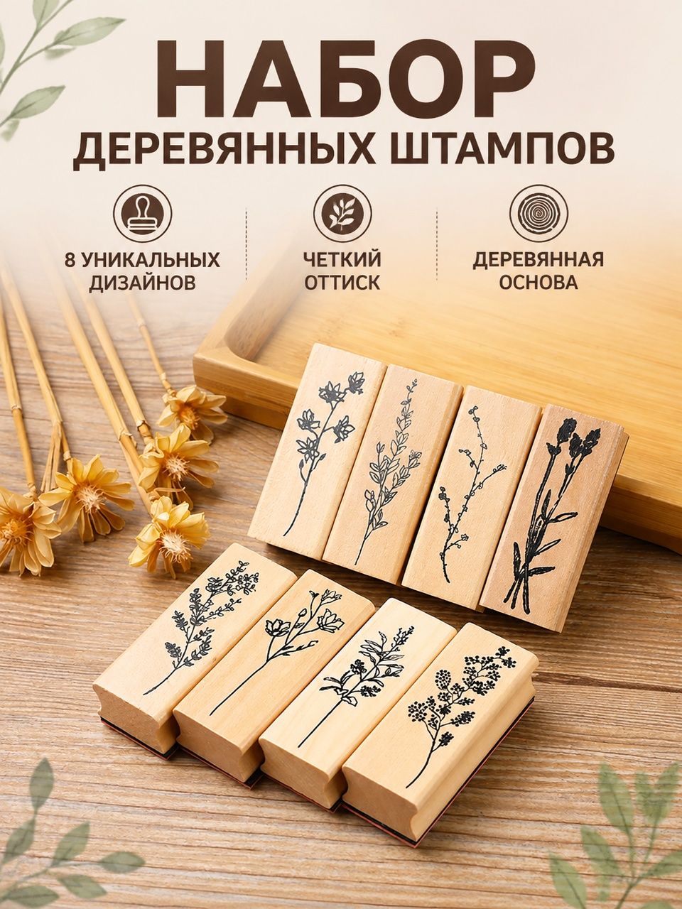Набор штампов - 8 шт печать для творчества. Деревянный штамп растения для скрапбукинга и рукоделия