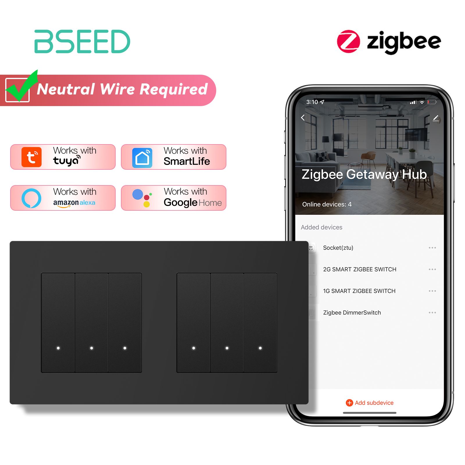 Умный выключатель c Алисой Zigbee, Легко нажать, Пластиковая рамка, Серия E - CLICK