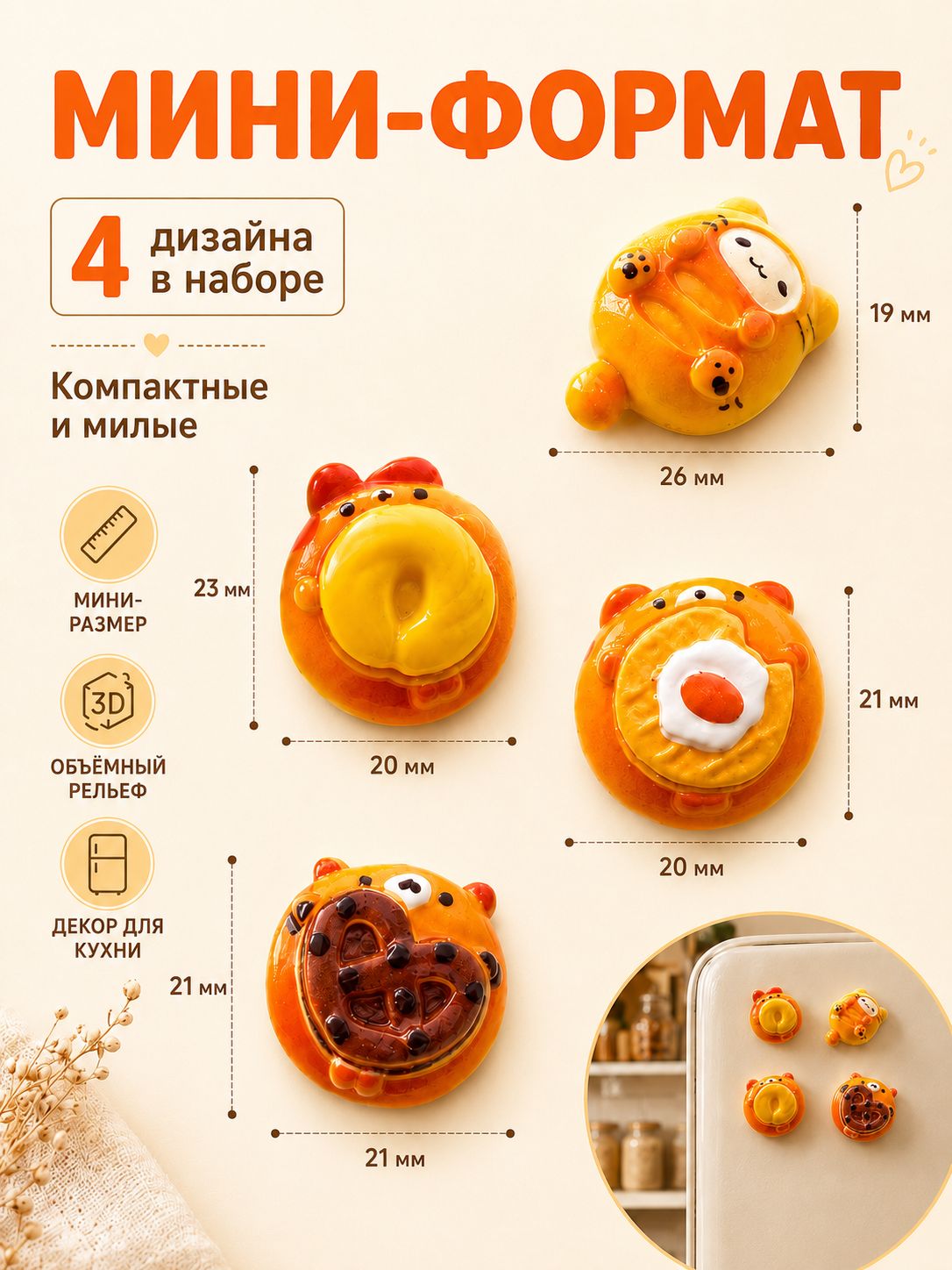 Магниты на холодильник мини 3D, набор 4 шт. Еда и десерты
