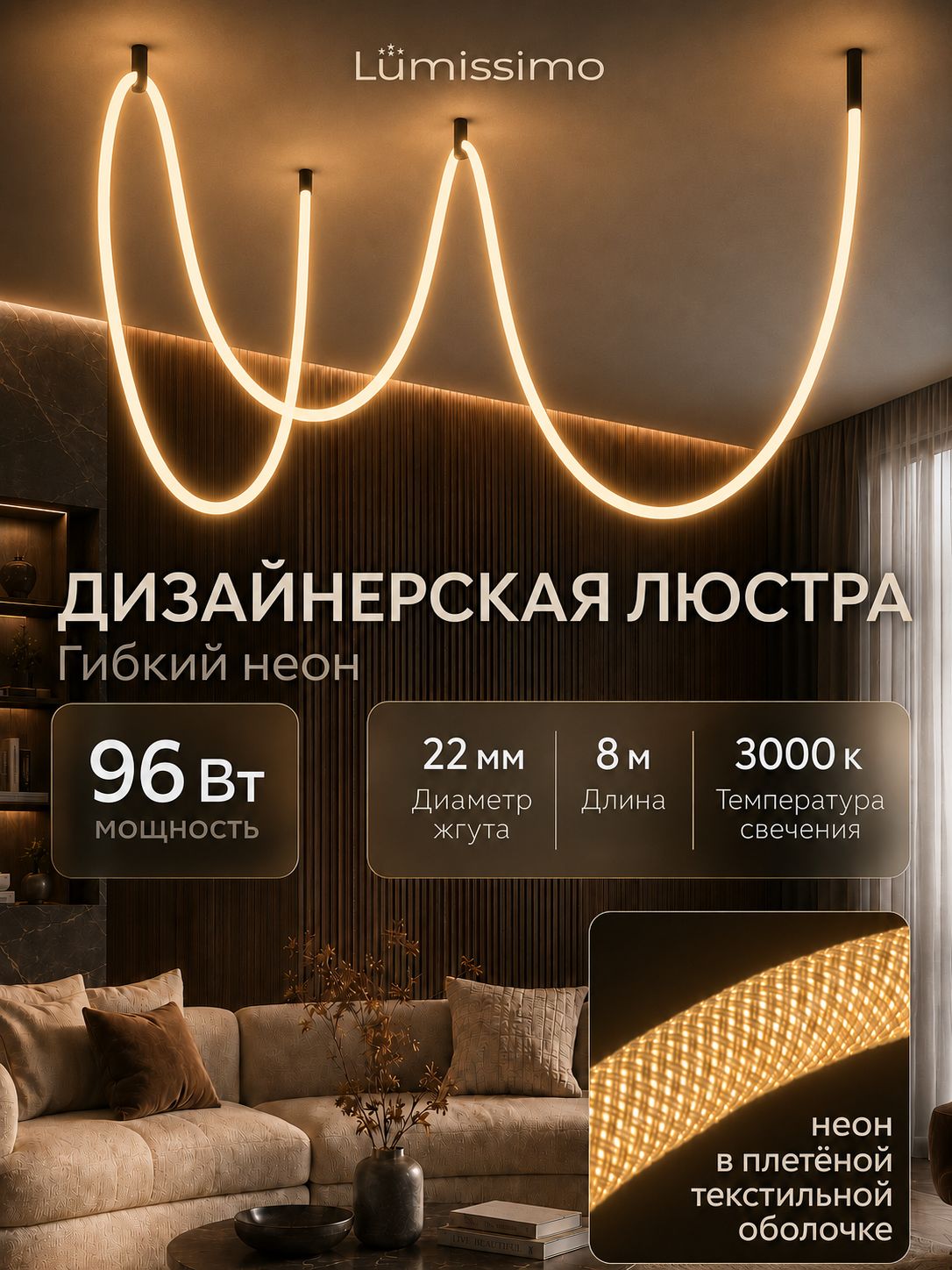 Люстра потолочная светодиодная дизайнерская в текстильной оплетке 8 м, 96 Вт, 3000 K