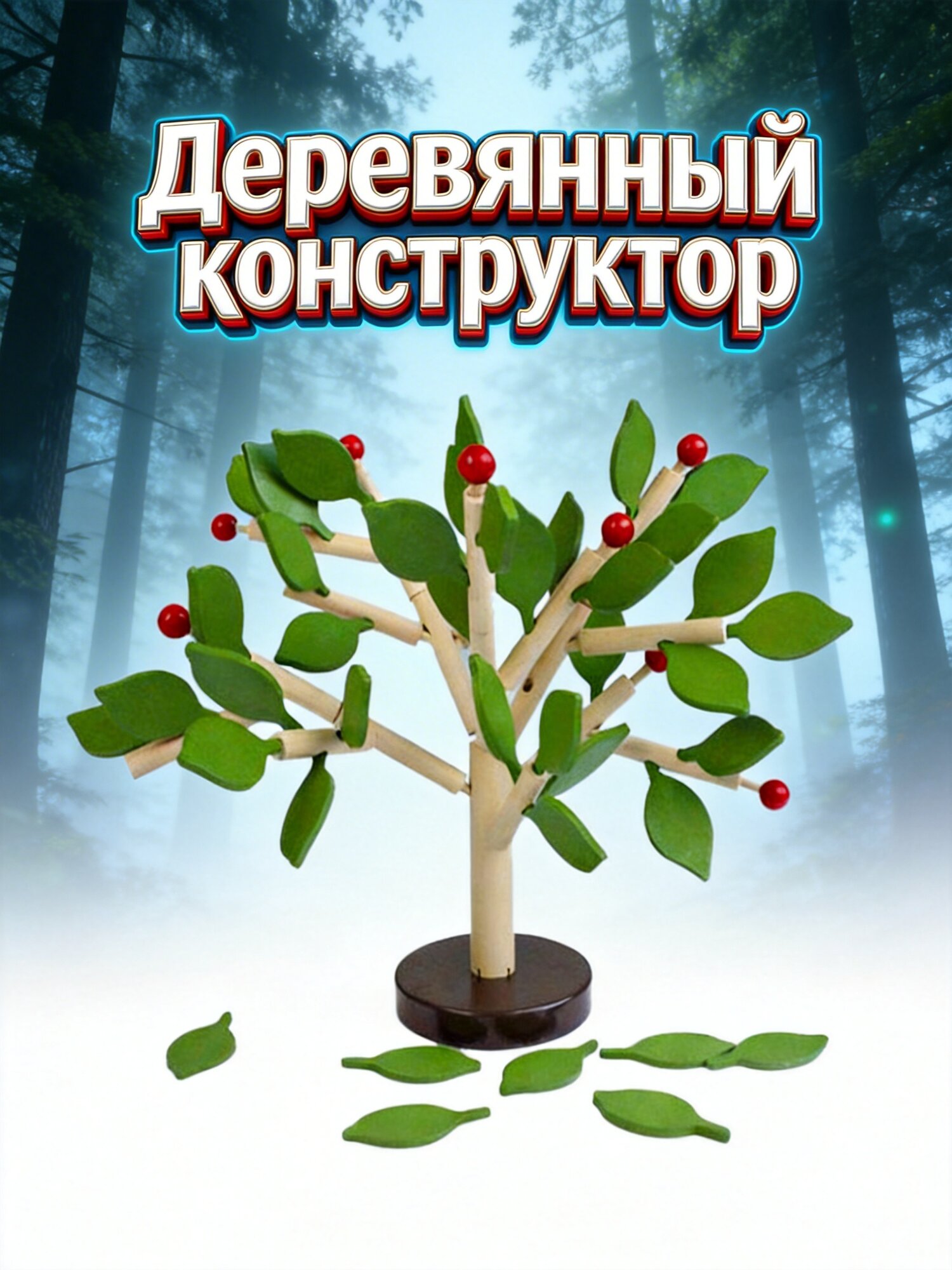 Пазл из деревянных брусков с зелёными листьями для игр детей