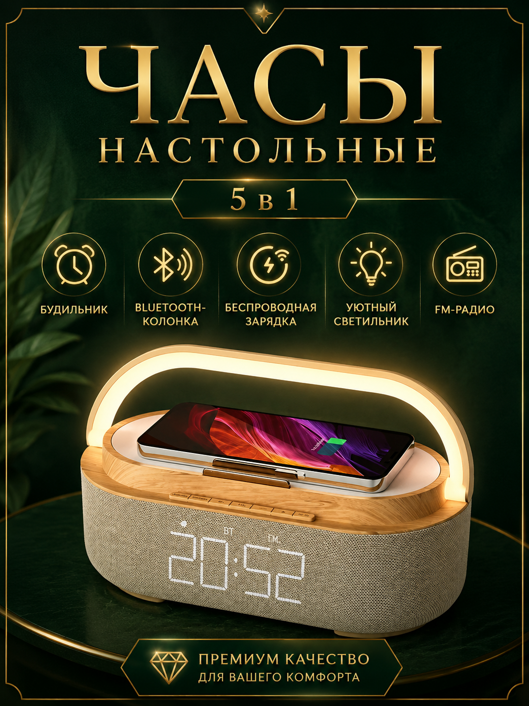 Умный светильник Ночник с беспроводной зарядкой 15W, Часами, Будильником и Bluetooth колонкой, Бежевый