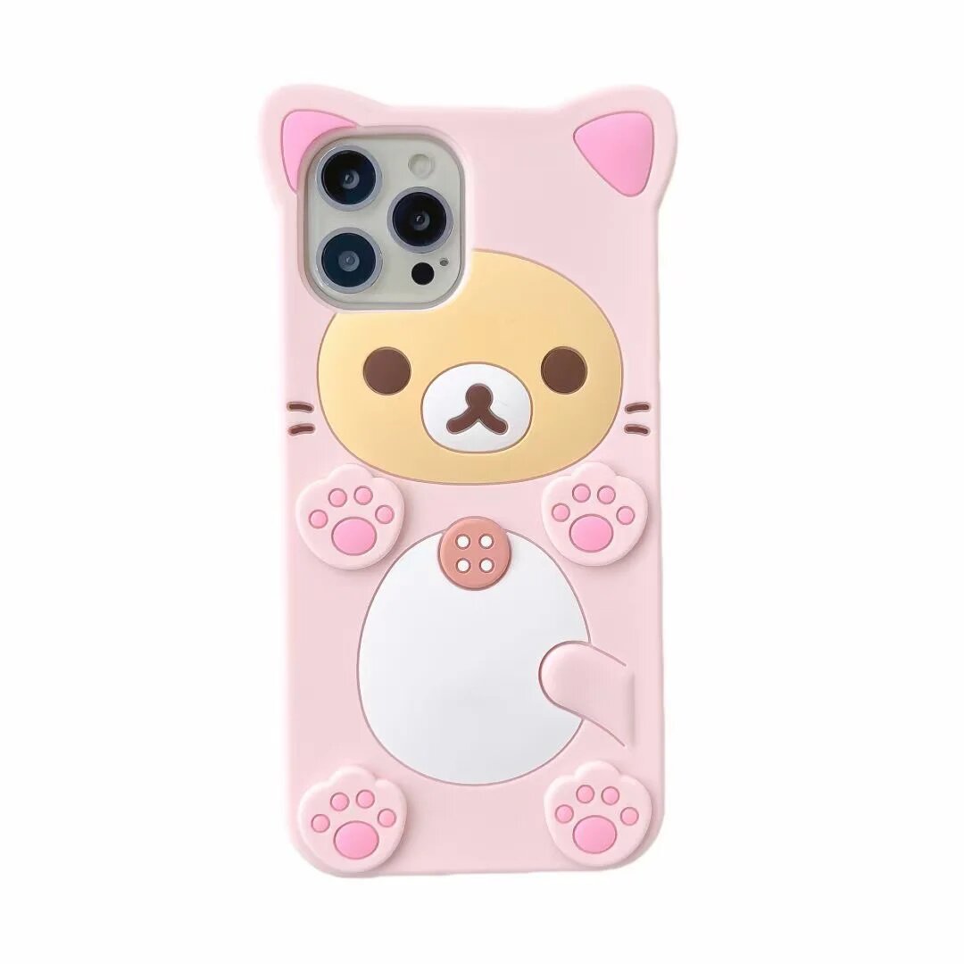 Силиконовый чехол с милым мультяшным 3D медведем для iPhone 16, 15, 14, 13, Айфон 16, Розовый, Pink