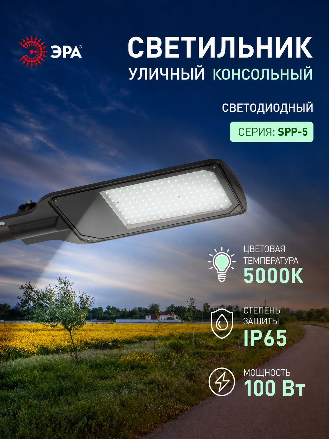 Уличный светильник светодиодный ЭРА, SPP-504-0-50K-100,100Вт,10 000лм, 5000К, IP65, черный.