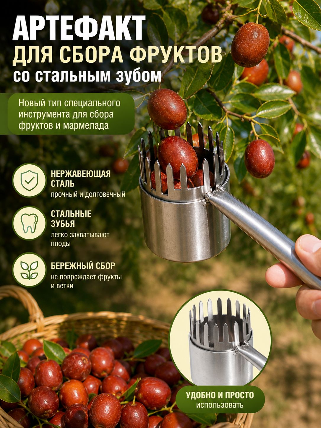 Плодосборник 30 см x 9 см x 13 см 1 шт нержавеющая сталь