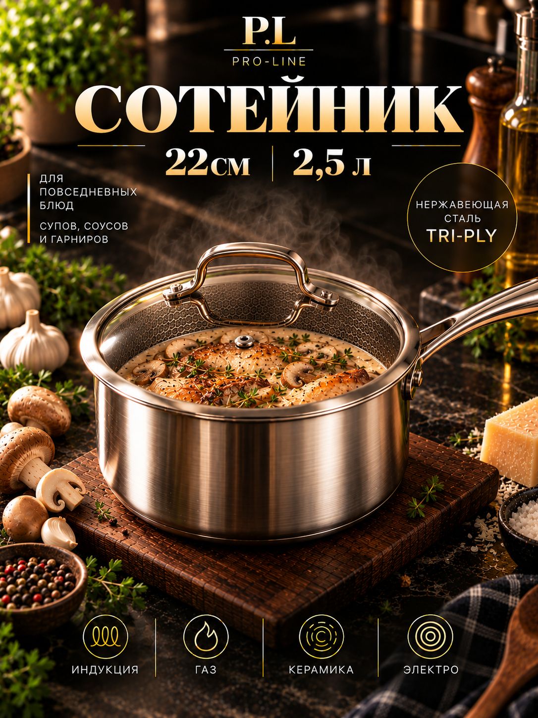 Сотейник антипригарный P.L. Proff Cuisine 22 см, 2,5 л, с крышкой, TRI-PLY, Honeycombs, нержавеющая сталь, для индукции, профессиональный