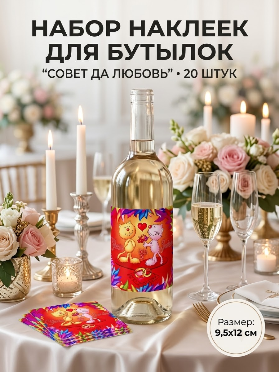 Наклейки на бутылки свадебные «Совет да любовь», набор 20 шт, 9,5×12 см — яркий декор для торжества