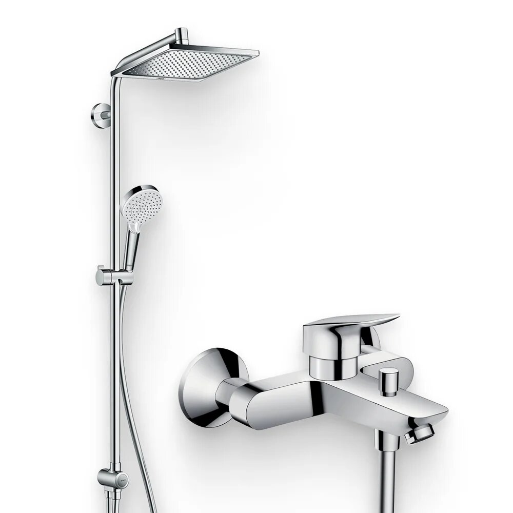 Душевой комплект Смеситель Hansgrohe Logis 71400000 глянцевый хром / Стойка Crometta E 240 1jet Showerpipe Reno 27289000 без смесителя, хром