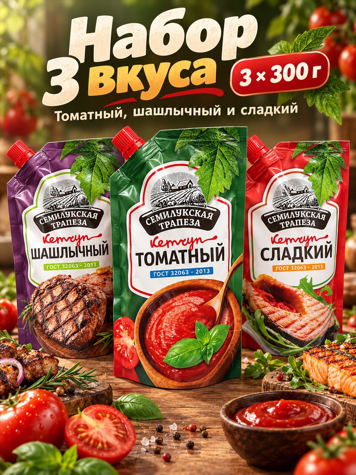 Набор кетчупов Семилукская трапеза Томатный, шашлычный и сладкий, 3 вкуса по 300 г: томатный, шашлычный, сладкий, кетчупы к мясу, шашлыку, пасте и пицце в одном заказе