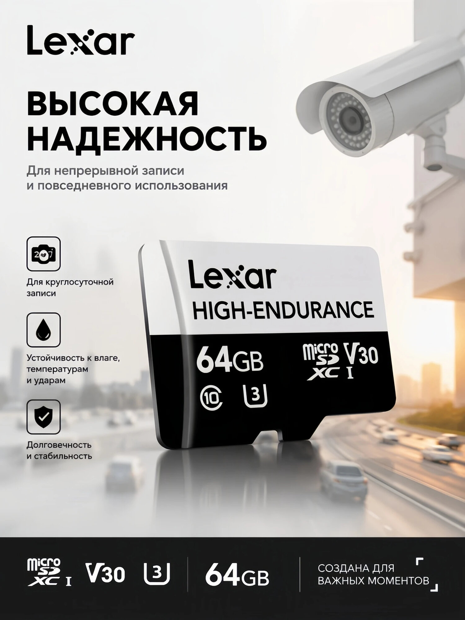 Карта памяти Lexar High-Endurance microSDXC 64 ГБ UHS-I, Class10 U3 V30