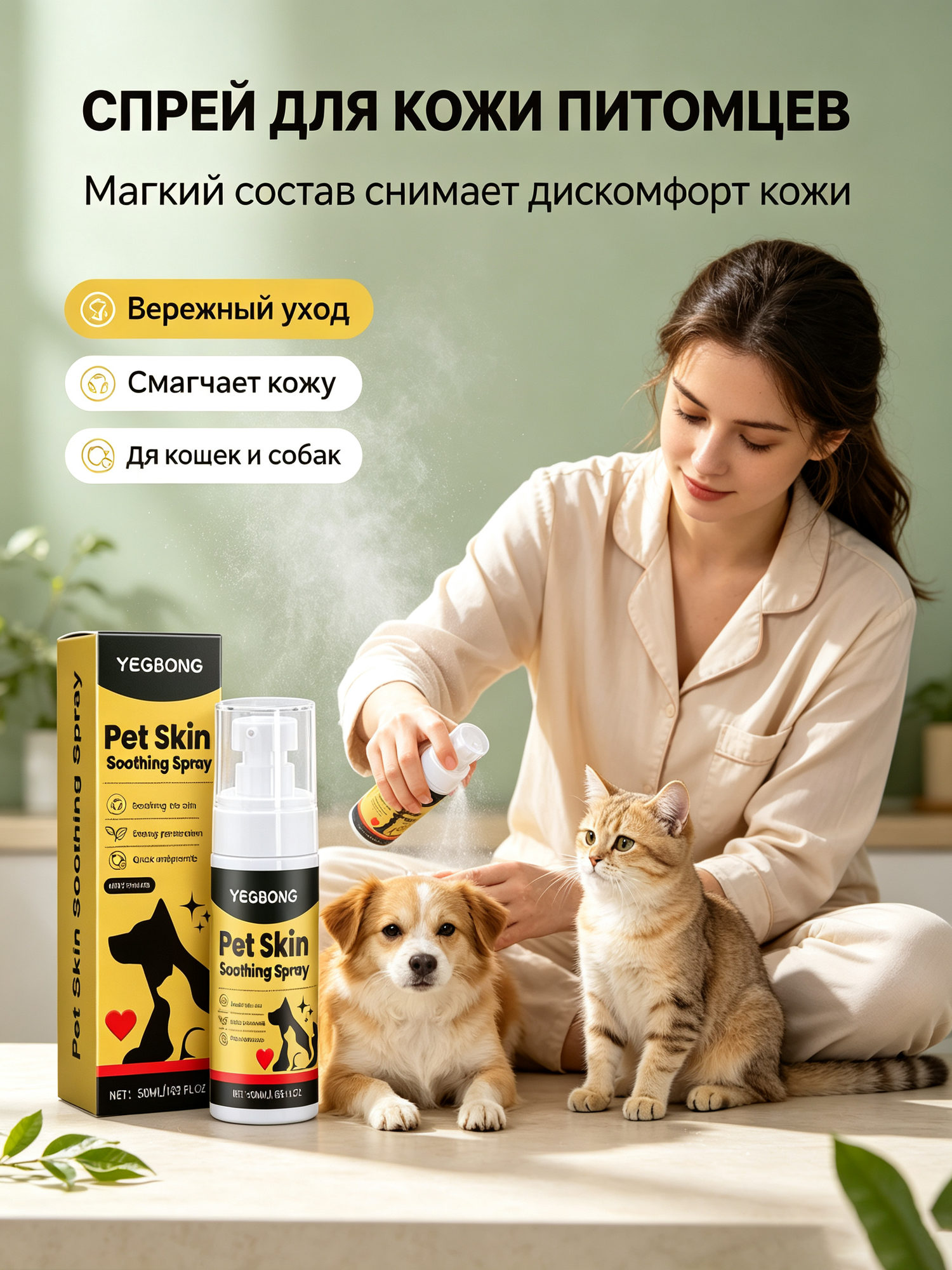 Спрей для ухода за кожей домашних животных для облегчения дискомфорта на коже домашних животных для наружного применения