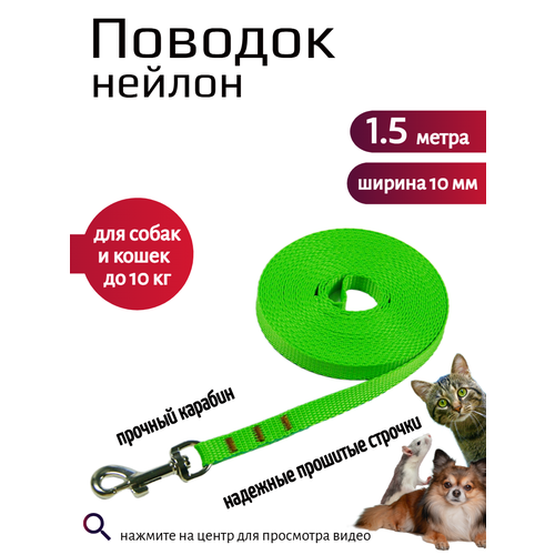 фото Поводок хвостатыч с карабином нейлон для мелких пород 1.5 м х 10 мм (салатовый)