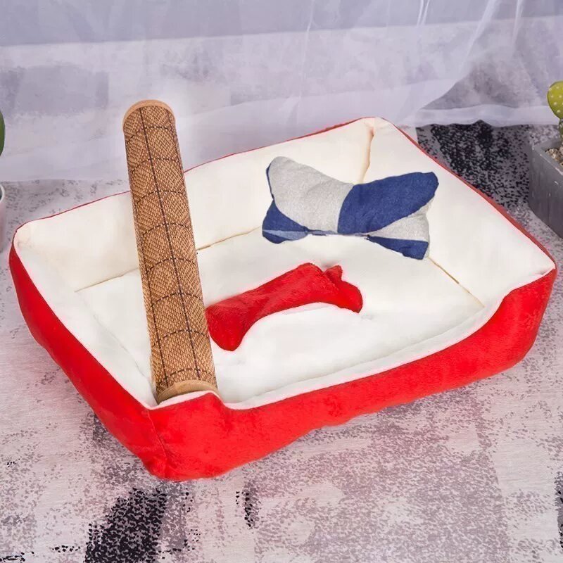 Красная собачья кровать с охлаждающим матом и жевательной игрушкой - Размер 2 (50x40см, для собак до 5 фунтов)