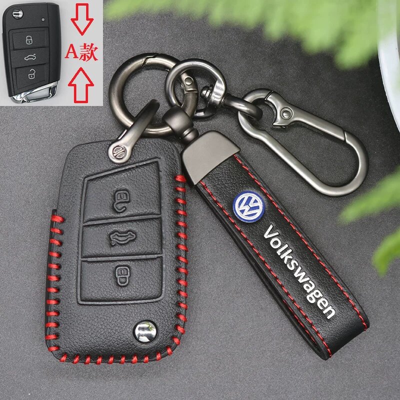 Черная кожаная оболочка для ключа с красной строчкой под Volkswagen Lavida, Magotan, T-Roc