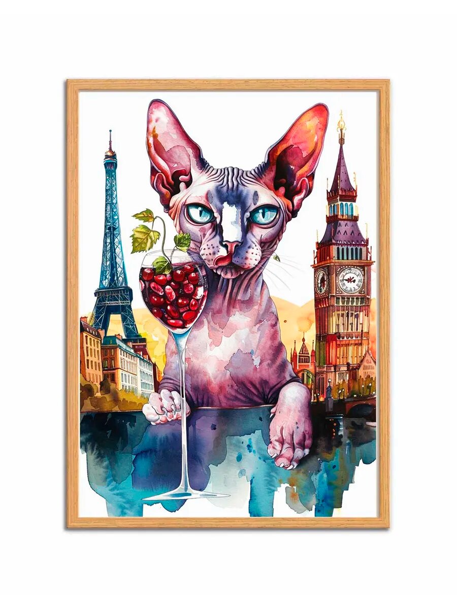 Кот Корниш-рекс Пьет вино 3, Плакат 30x42см