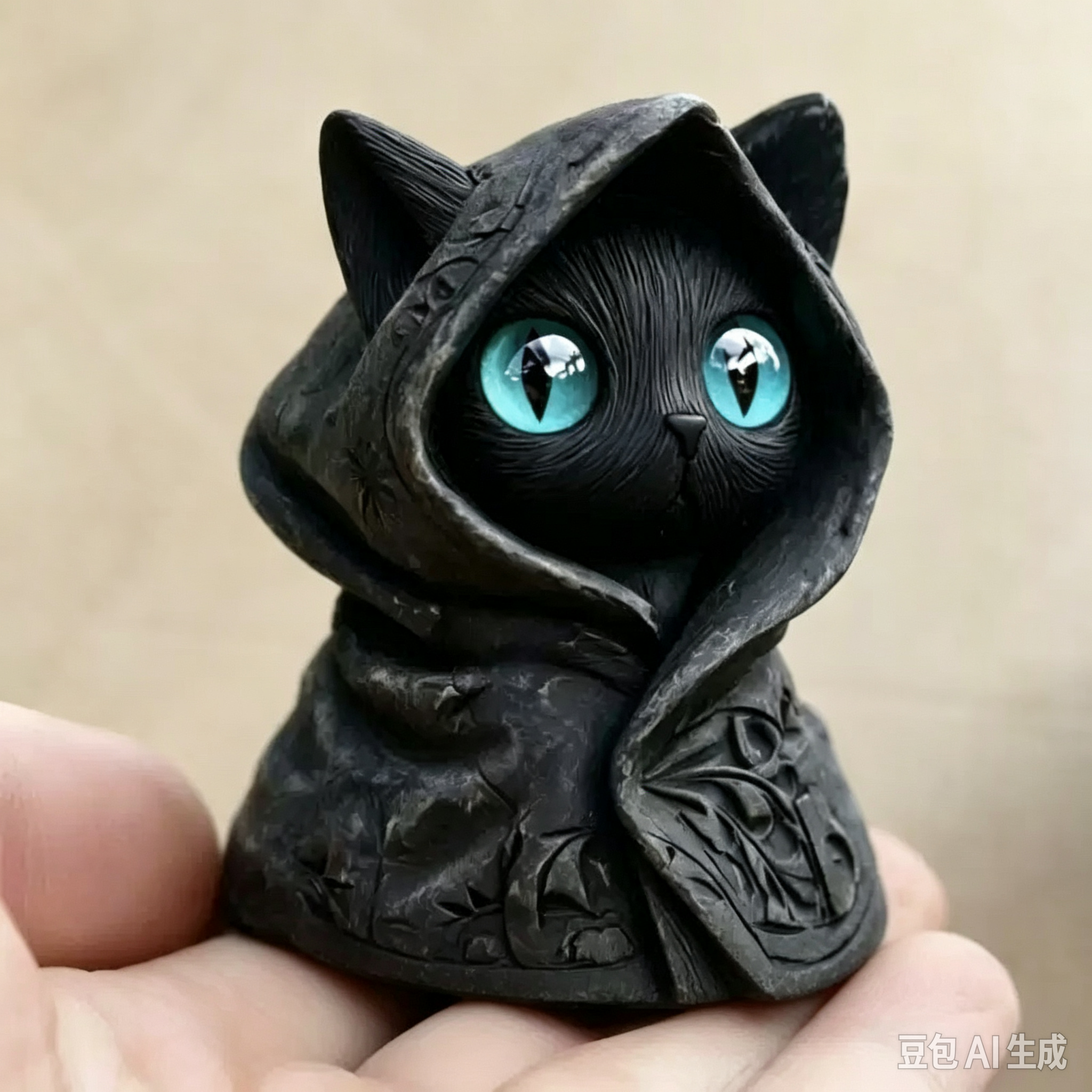 Таинственная кошка в капюшоне, фигурка в готическом стиле, черная кошка в плаще，8 сантиметров