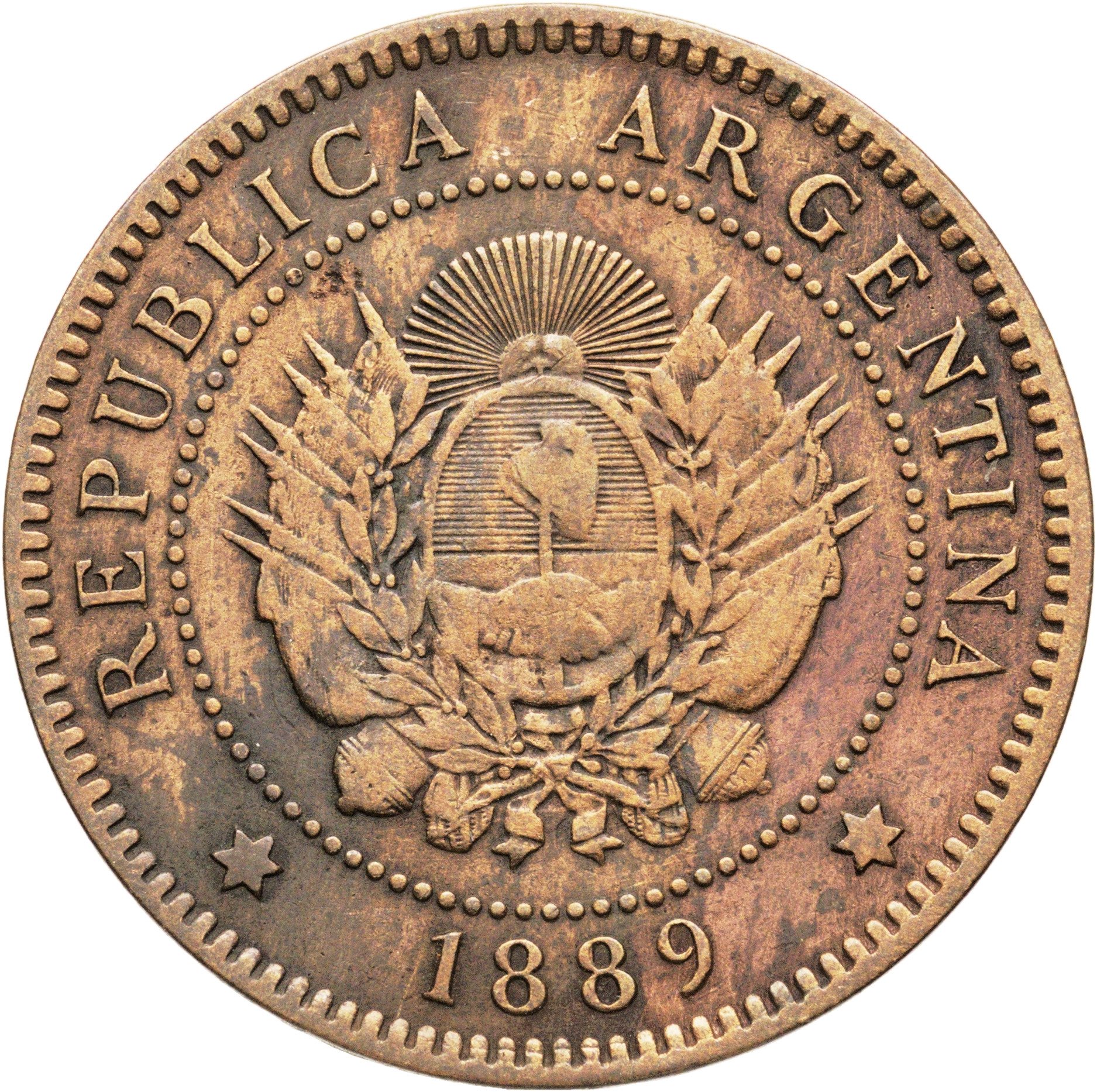 Аргентина 1 сентаво centavo 1889, Бронза, в сохранности VF