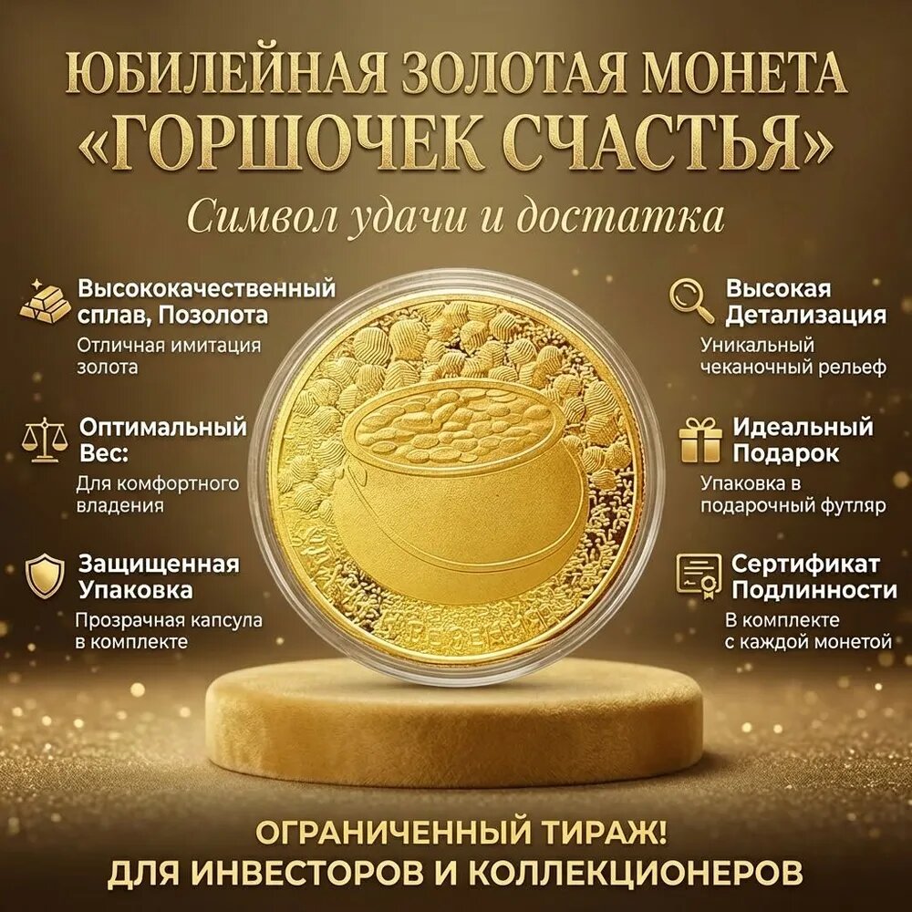 Монета-талисман "Котел богатства" - золотая, сувенир для удачи и процветания