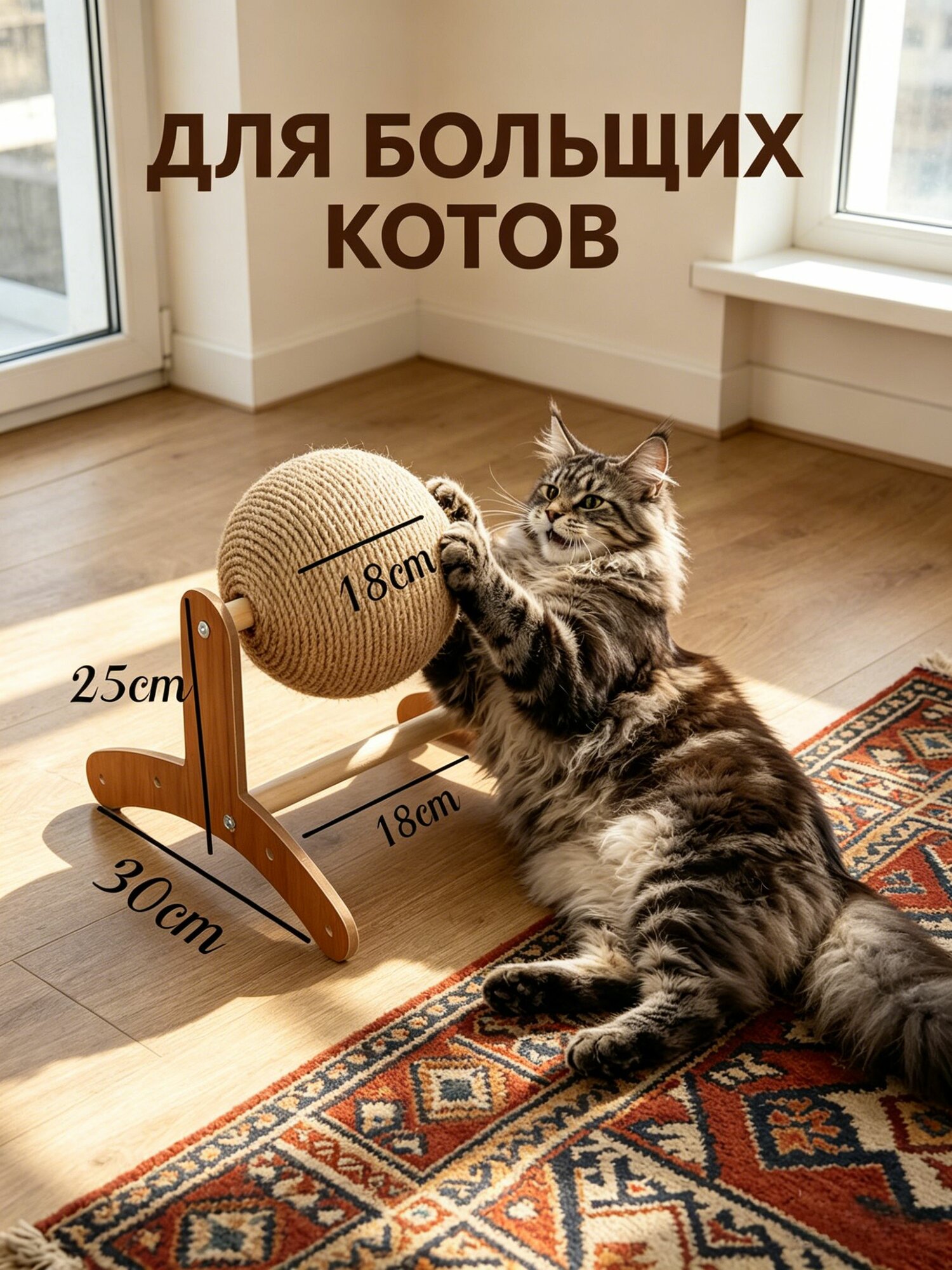 Когтеточка столб напольная, диаметр шара 18 см, размер 30x25x24 см, 1 шт напольная когтеточка с шаром размер 30x25x24 см диаметр шара 18 см