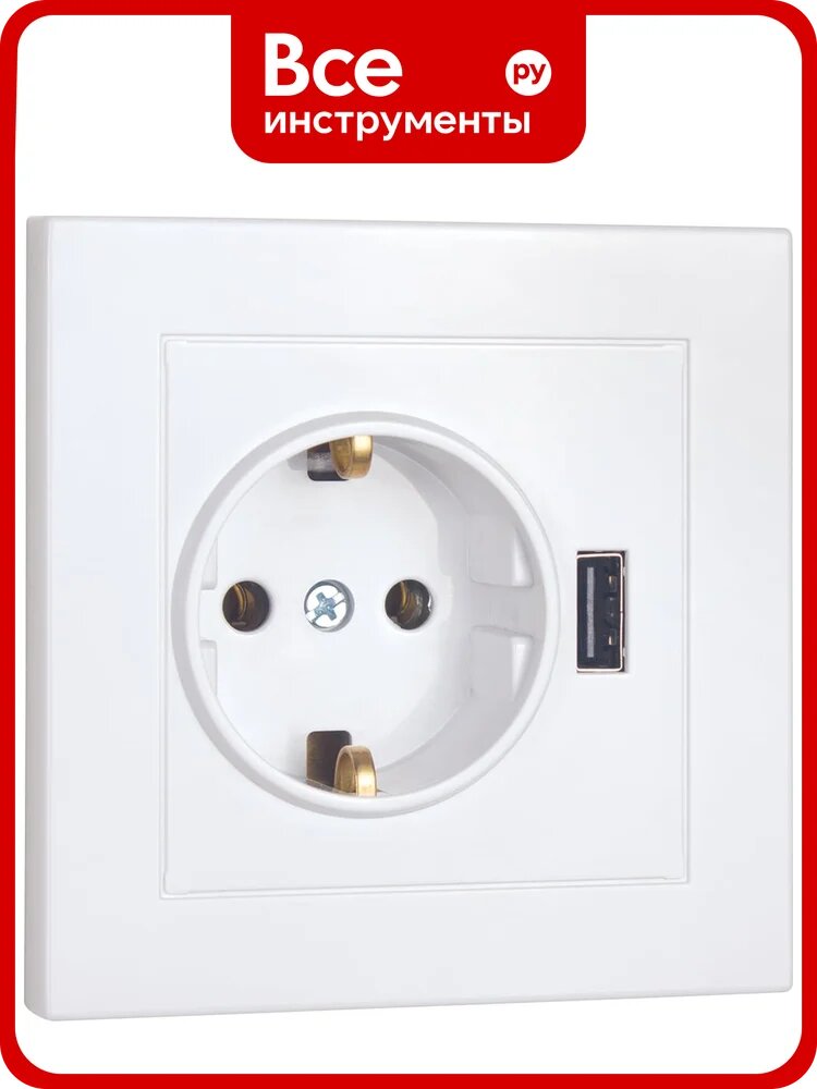 Розетка Nilson 220В, с заземляющим контактом + USB, зарядка 2,1А, 1 порт, moda белый, 21112090