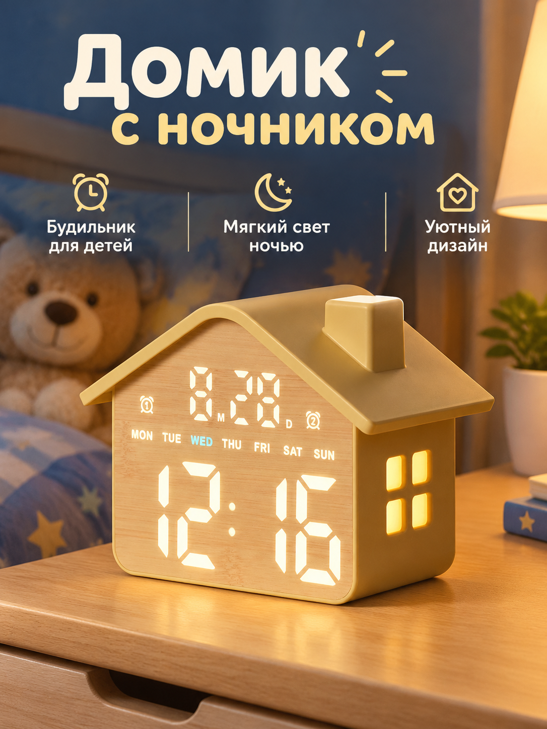 Настольные часы в форме домика с ночником и будильником для детей, GH8063 жёлтый