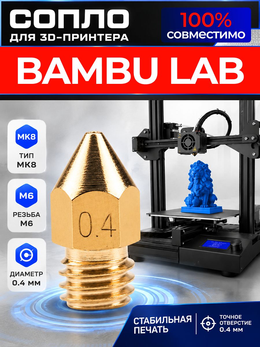 Сопло для BAMBU LAB 3d принтера 0.4 мм / сопло в принтер бамбу лаб, бамбулаб 3д 0,4мм MK8 M6 3д ART: FX8D-51RK