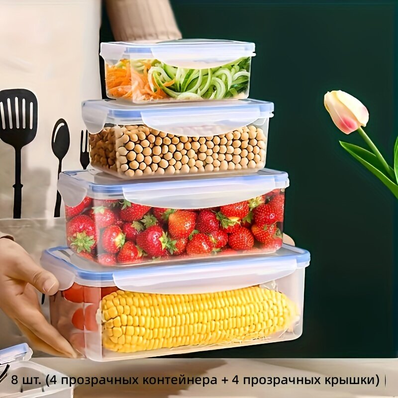 Набор контейнеров для хранения 8 шт. (4 контейнера + 4 крышки) герметичных прозрачных разных размеров из полипропилена для круп, фруктов, овощей и макарон, многоразовые, подходят для микроволновки, элегантный дизайн