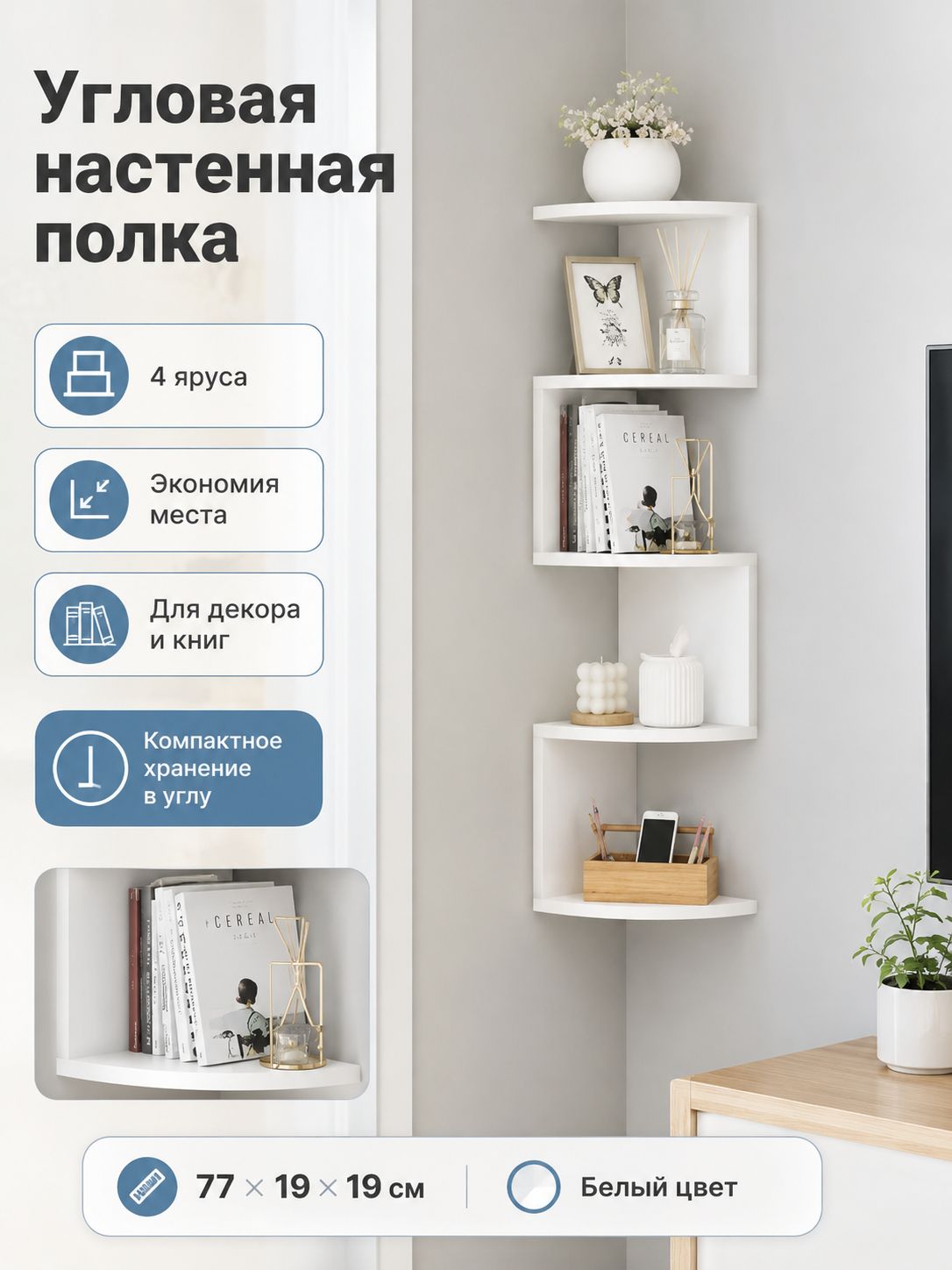 Полка Настенная Угловая, 19х19, 1 шт. — скидка по промокоду Яндекс Маркет