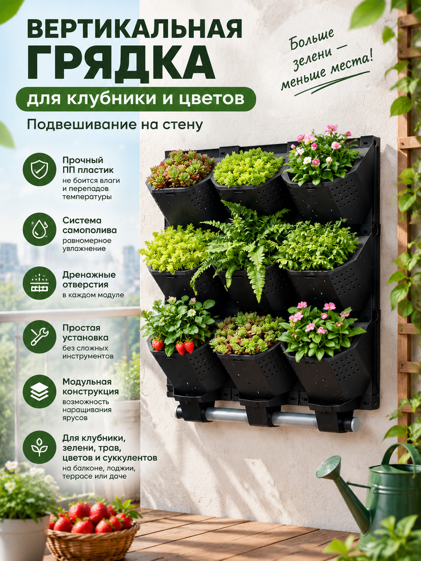 Вертикальная модульная грядка для клубники и цветов на стену, прочная из полипропилена, черная