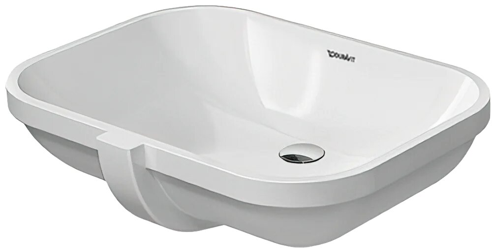 Раковина встраиваемая снизу Duravit D-code 0338560000 59 без отверстия под смеситель, фарфоровая, раковина для ванной, белая, прямоугольная, со встроенным сливом-переливом