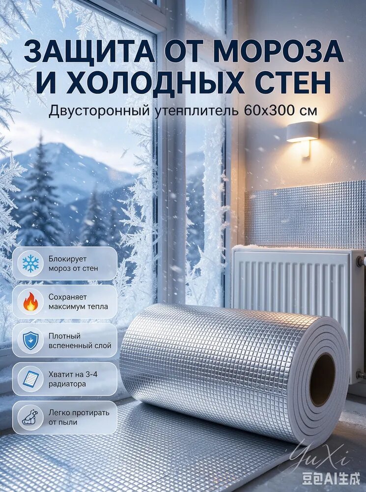 Теплоотражающий экран за радиатор рулонный, двусторонний фольгированный экран рулон 60х300 см для батарей отопления, отражающая теплоизоляция стен от потерь тепла, утеплитель для дома 3 м, 1 шт