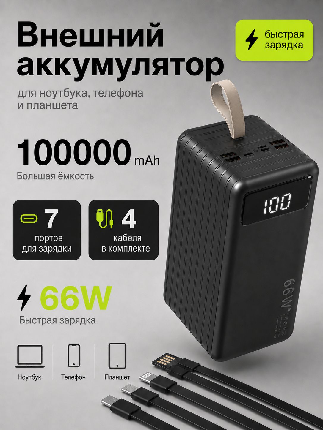 Повербанк мощный 100000mAh, с быстрой зарядкой powerbank