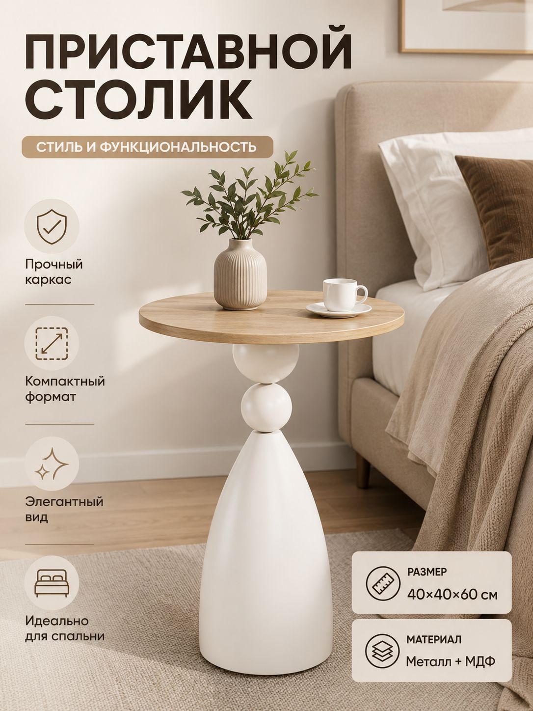 Приставной столик для спальни и гостиной, 40x40x60 см, металл и МДФ, белый с деревянной столешницей