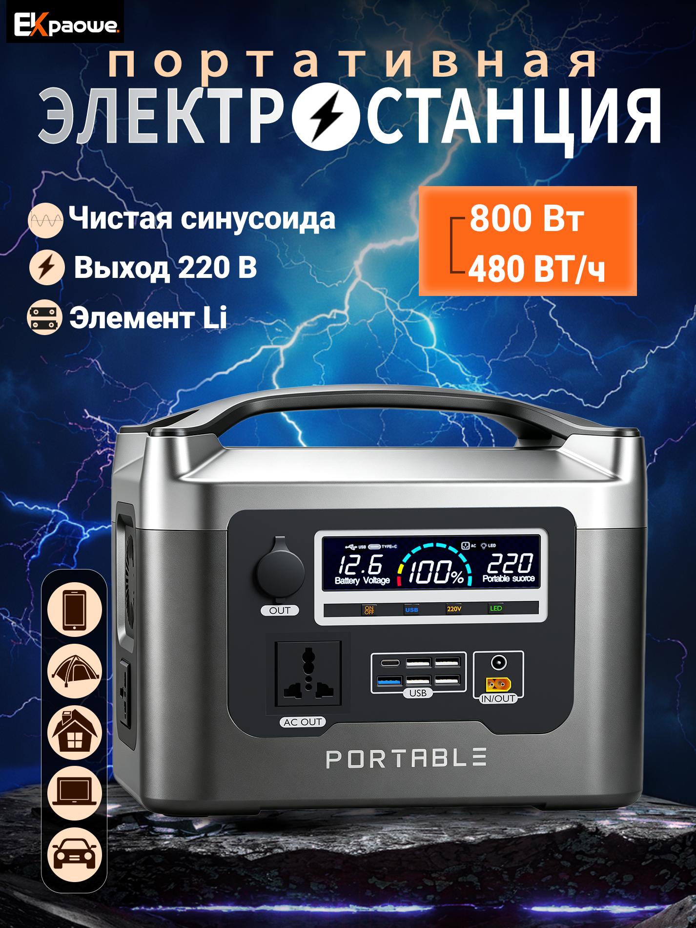 800Вт Портативная электростанция 480 Вт·ч UPS