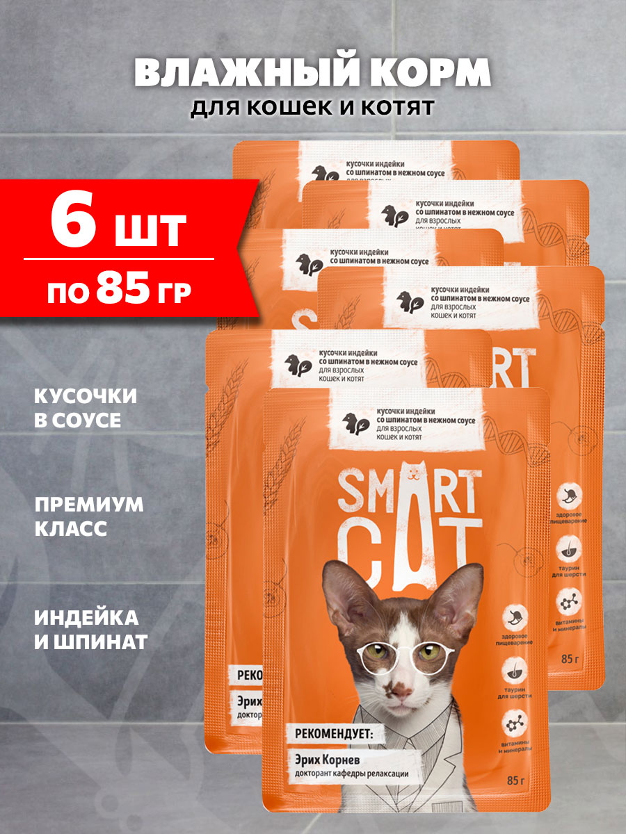 Корм влажный Smart Cat для кошек и котят, кусочки, индейка, шпинат в соусе, 85 г 6 шт
