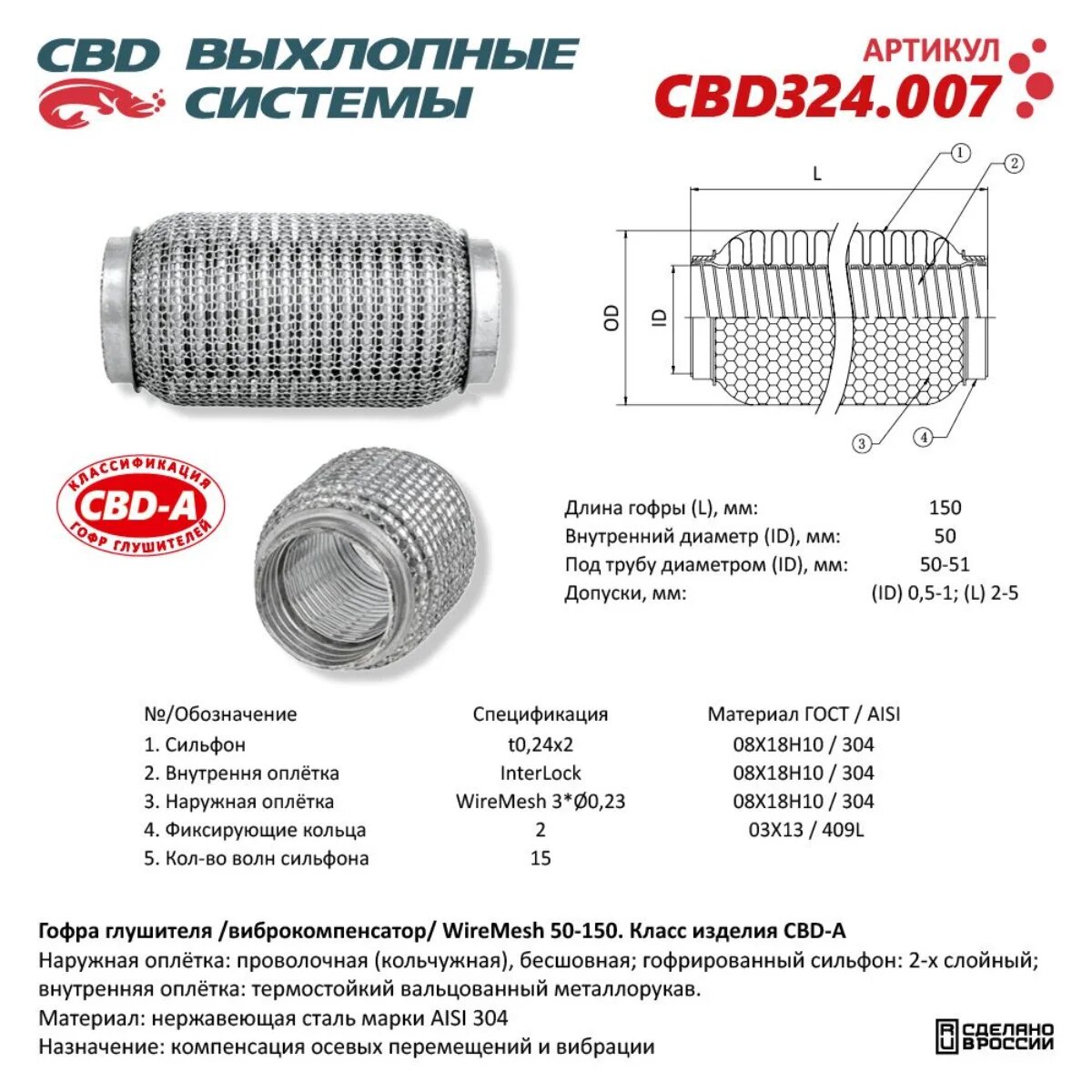 Гофра глушителя 3х-сл WIRE MESH 50-150. CBD324.007