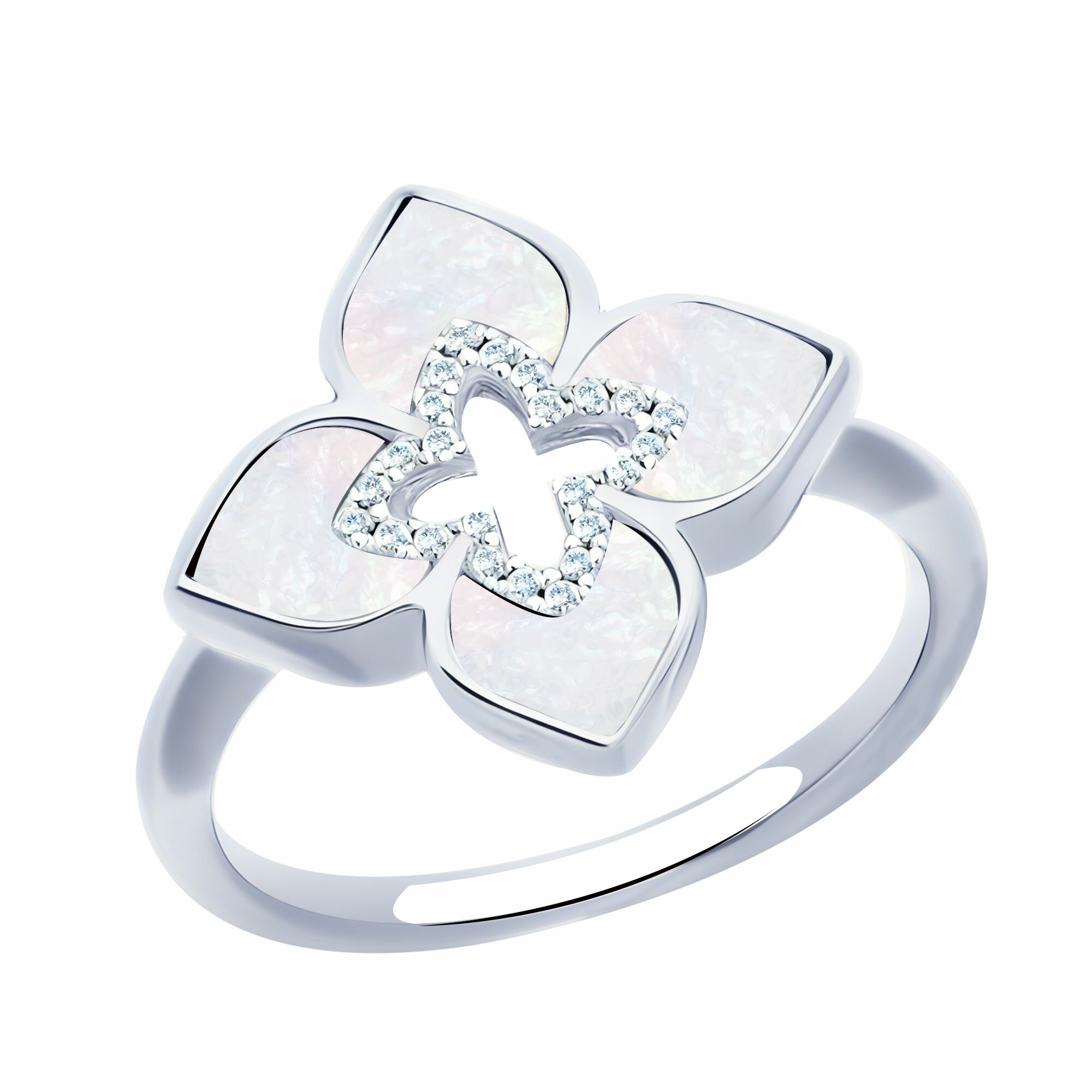 Кольцо Diamant online, серебро, 925 проба, родирование, перламутр, фианит