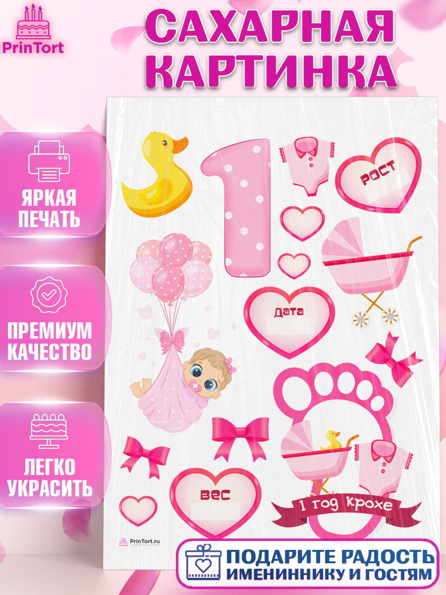 Сахарная картинка для торта Метрика. Украшения для торта девочке на Рождение ребенка. Декор для выпечки PrinTort