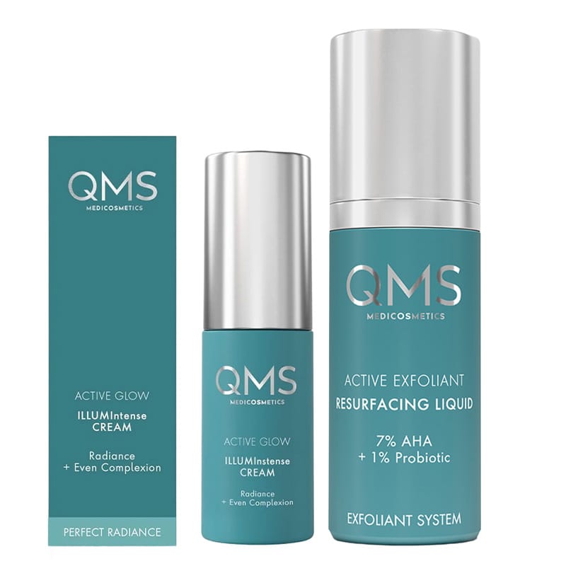 Набор уходовой косметики QMS Active Exfoliant + Active Glow набор Кислотный пилинг с 7% AHA и пробиотиками 30 мл + Крем активно придающий сияние 10 мл